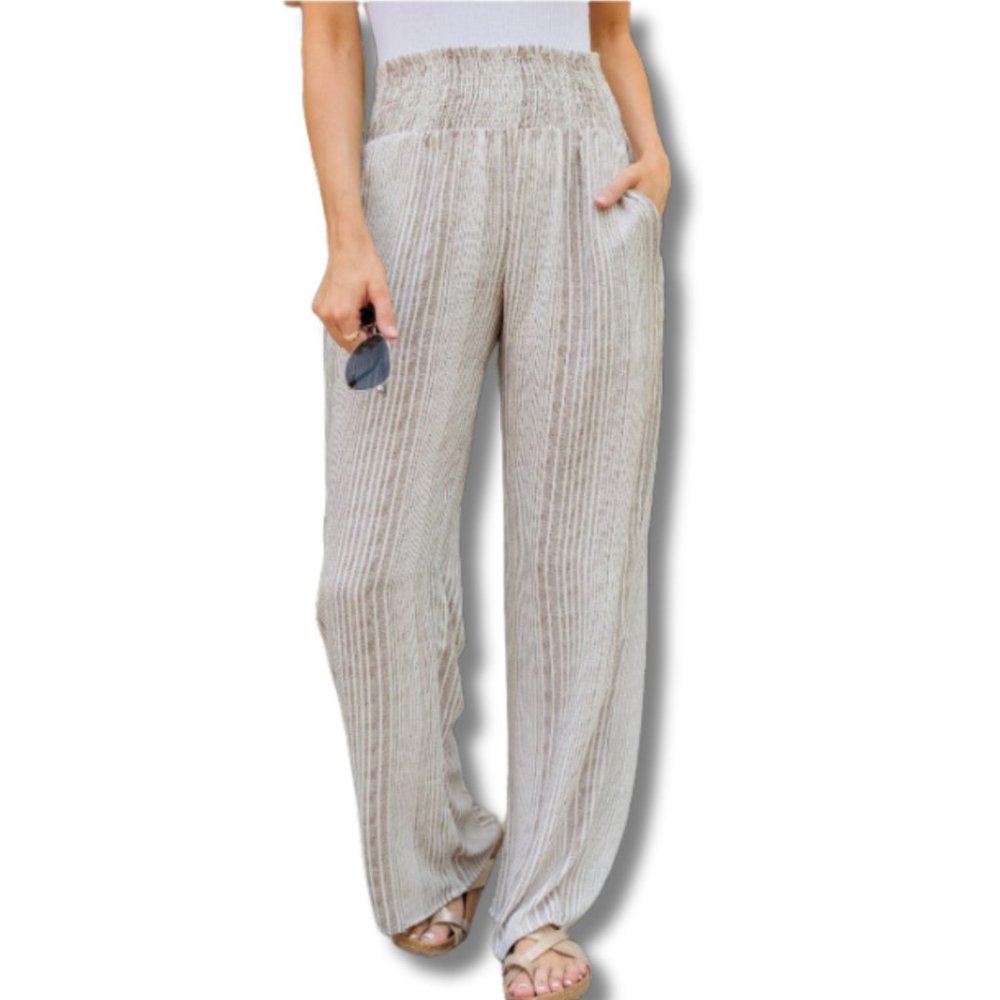 Billabong Tan Wide Leg Linen Women's Striped Pants Large